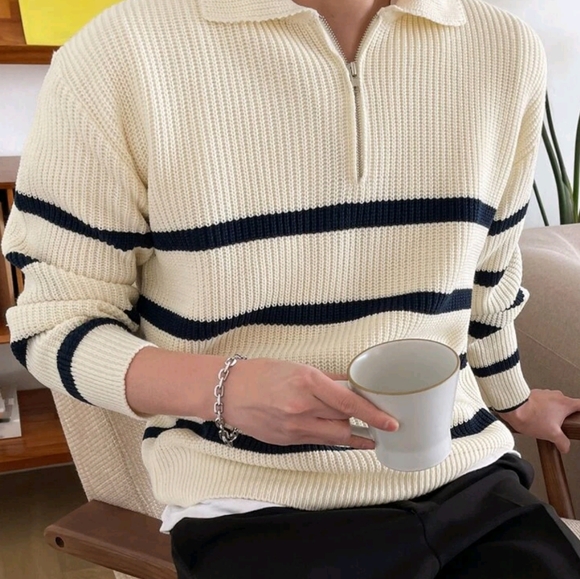 Men Striped Pattern Polo Neck Fall Sweater Without Tee - Picture 4 of 7